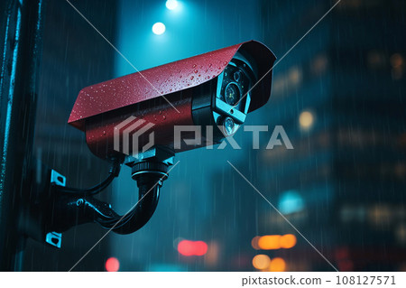 Security camera on modern building in rainy weather at night. Professional surveillance cameras. CCTV in the city. Security system, technology. Video equipment for safety system area control outdoor Security camera on modern building in rainy weather at night. Professional surveillance cameras. CCTV in the city. Security system, technology. Video equipment for safety system area control outdoor 108127571