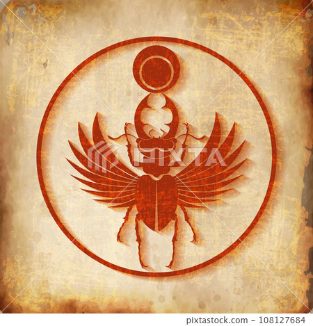 Ancient Egyptian sacred scarab stag beetle horns with wings. Red logo silhouette vector insect isolated on parchment background. Symbol of the old Egyptians of the god of the sun in circle shape Ancient Egyptian sacred scarab stag beetle horns with wings. Red logo silhouette vector insect isolated on parchment background. Symbol of the old Egyptians of the god of the sun in circle shape 108127684