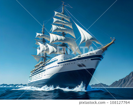 Large cruise sailing ship against the background of mountains 108127764