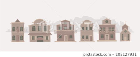Wild west city wood buildings. Western town saloon, bank, house, church vector illustrations. 108127931