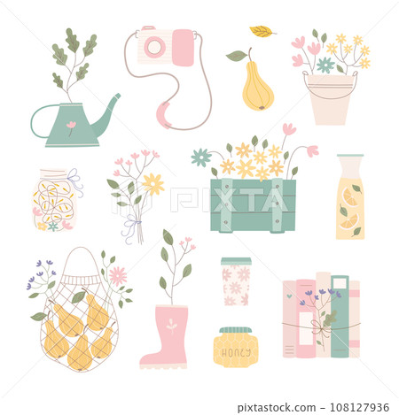 Summer object clipart with jar, flowers compositions, harvest, books, plants. Cozy simple vecor illustration set. 108127936