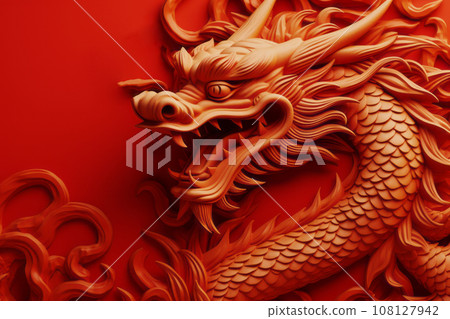 Festive New Year's background with a red wooden dragon. AI content. Festive New Year's background with a red wooden dragon. AI content. 108127942