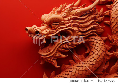 Festive New Year's background with a red wooden dragon. AI content. Festive New Year's background with a red wooden dragon. AI content. 108127950