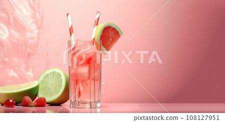 Grapefruit cocktail with ice on a pink background. AI content. Grapefruit cocktail with ice on a pink background. AI content. 108127951