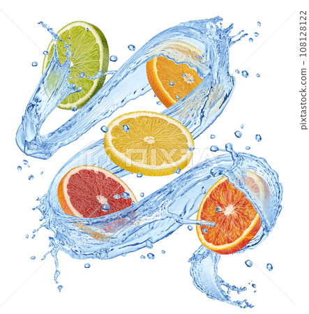 Citrus slices mix with water splashes isolated on white background Citrus slices mix with water splashes isolated on white background 108128122
