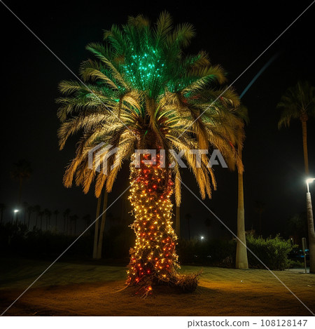 Unusual Christmas tree, palm tree decorated with multi-colored light bulbs and garlands on a dark background, creative Christmas New Year background, original wallpaper Unusual Christmas tree, palm tree decorated with multi-colored light bulbs and garlands on a dark background, creative Christmas New Year background, original wallpaper 108128147