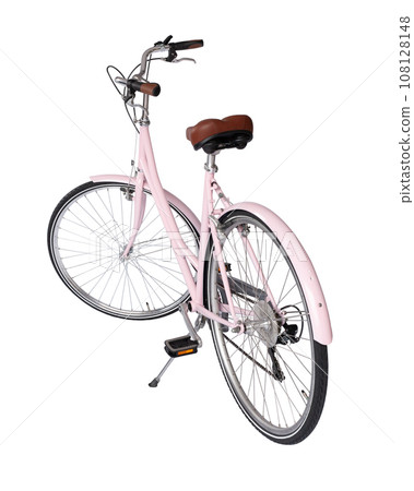 Pink retro bicycle with brown saddle and handles, generic bike back view 108128148