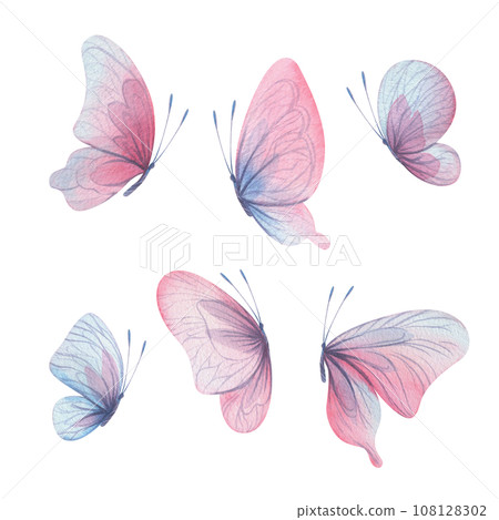 Butterflies are pink, blue, lilac, flying, delicate with wings and splashes of paint. Hand drawn watercolor illustration. Set of isolated elements on a white background, for design. 108128302