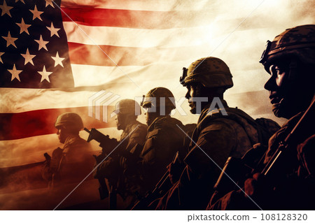 Silhouettes of American army soldiers against the background of the US flag 108128320