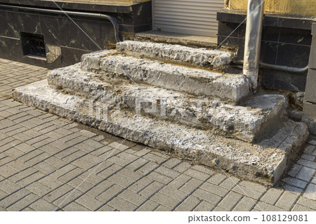Old ruined concrete stairs before renovation works. Old ruined concrete stairs before renovation works. 108129081