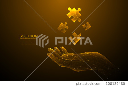 Golden digital puzzle hologram on a hand. Success solution concept. Golden digital puzzle hologram on a hand. Success solution concept. 108129480