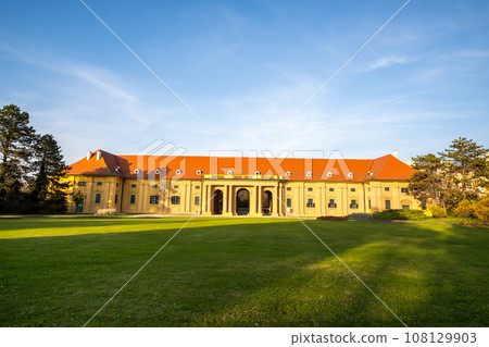 Green gardens in Lednice castle Chateau yard in Moravia, Czech R 108129903