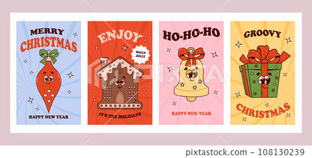 Christmas groovy posters. Retro cartoon characters gingerbread house, tree toys and gift. Vibes 70s. Merry Christmas and Happy New year 108130239