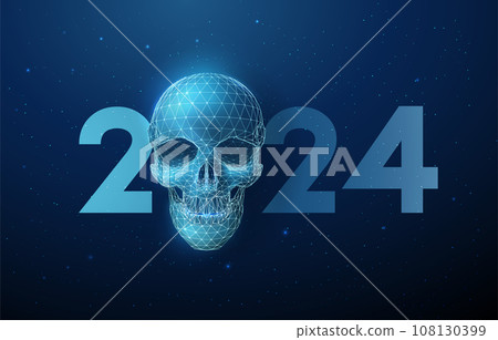 Abstract blue scull and number 2024 New Year greeting card. Low poly style design. Abstract geometric background. Abstract blue scull and number 2024 New Year greeting card. Low poly style design. Abstract geometric background. 108130399