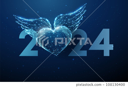 Abstract Happy 2024 New Year greeting card with flying blue heart with wings. Low poly style design Abstract Happy 2024 New Year greeting card with flying blue heart with wings. Low poly style design 108130400