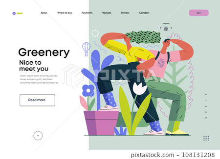 Greenery, ecology -modern flat vector concept illustration of observing people surrounded by plants. Metaphor of environmental sustainability and protection, closeness to nature 108131208