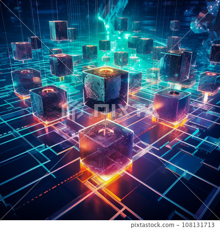 3d render illustration. Geometric shapes with vibrant colors. Neon and grid abstract background. Futuristic sci-fi theme. 3d render illustration. Geometric shapes with vibrant colors. Neon and grid abstract background. Futuristic sci-fi theme. 108131713