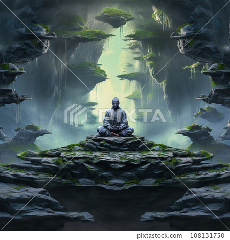 Fantasy landscape with a lake, trees, clouds and full moon. Moonlight. Starry sky. Fairytale Night scene. Magic forest. Illustration in bright colors. Another reality. Alien planet. Another world. Art 108131750