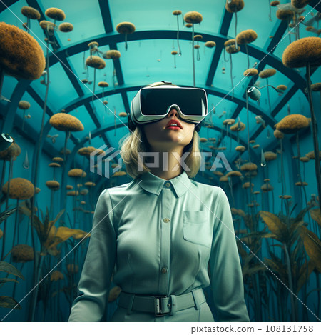 Portrait of a fictional futuristic female pilot in an aviation helmet and pilot's suit. Concept of futuristic pilots of the future. 3d rendering. 3D Illustration 108131758