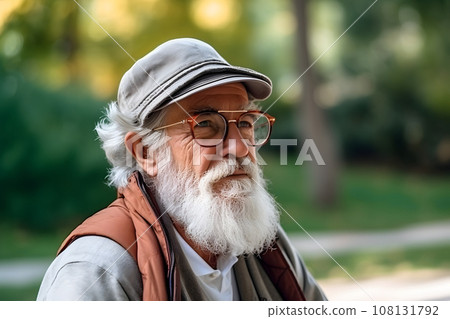 positive mature man, with a gray beard, enjoying an autumn walk in the park 108131792