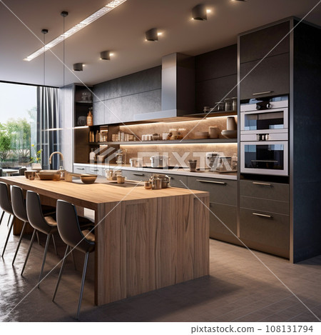 Kitchen and dining area in open plan apartment interior Kitchen and dining area in open plan apartment interior 108131794