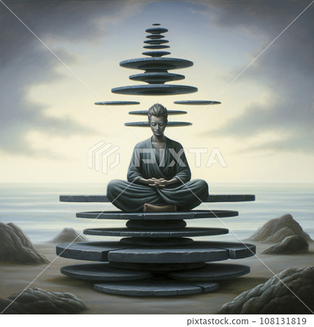 Silhouette of a meditating man doing yoga and looking at the moon 108131819