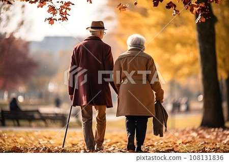 Rear view of a mature couple strolling through the park Rear view of a mature couple strolling through the park 108131836