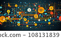 Technical drawing with dashed lines and geometric shapes, futuristic technology wallpaper, engineering draft.  108131839