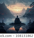 Silhouette of a meditating man doing yoga and looking at the moon 108131862