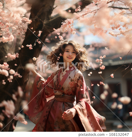 A young woman wearing a red kimono is looking back at a cherry tree in spring time A young woman wearing a red kimono is looking back at a cherry tree in spring time 108132047