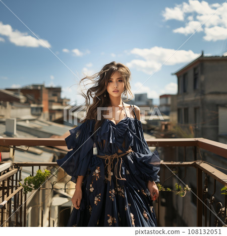 A beautiful half-Japanese woman wearing a dress standing on a terrace overseas and looking straight ahead 108132051