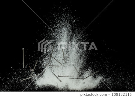 Nail spike under snow on road. Dangerous sharpen nail glass thing hidden in snow and can't see. Snow fall with risk accident hazard cover trash garbage debris. Black background isolated. Nail spike under snow on road. Dangerous sharpen nail glass thing hidden in snow and can't see. Snow fall with risk accident hazard cover trash garbage debris. Black background isolated. 108132115