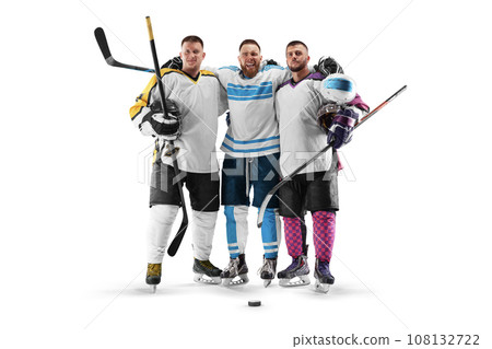 Three professional hockey player. Hockey friendship. Sports portrait. Hockey victory. Young hockey players on a white background. Hockey concept 108132722