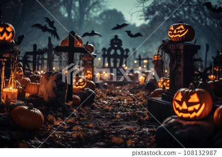 Halloween concept - spooky graveyard at night under full moon with Halloween jack-o-lantern pumpkins with glowing eyes, graves and tombstones Halloween concept - spooky graveyard at night under full moon with Halloween jack-o-lantern pumpkins with glowing eyes, graves and tombstones 108132987