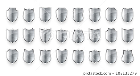 Set of various vintage 3d metal shield icons. Shiny steel heraldic shields. Black protection and security symbol, label. Vector illustration 108133279