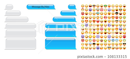 Blank message bubbles with emoji. Blue chat or messenger speech bubble. SMS text frame. Short message sending. Conversation screen. Social media application. Vector illustration Blank message bubbles with emoji. Blue chat or messenger speech bubble. SMS text frame. Short message sending. Conversation screen. Social media application. Vector illustration 108133315