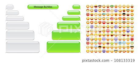 Blank message bubbles with emoji. Green chat or messenger speech bubble. SMS text frame. Short message sending. Conversation screen. Social media application. Vector illustration Blank message bubbles with emoji. Green chat or messenger speech bubble. SMS text frame. Short message sending. Conversation screen. Social media application. Vector illustration 108133319