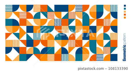 Geometric trendy pattern, Bauhaus style. Modern colorful background with simple elements. Retro texture with basic geometric shapes. Print design, minimalist poster cover. Vector illustration Geometric trendy pattern, Bauhaus style. Modern colorful background with simple elements. Retro texture with basic geometric shapes. Print design, minimalist poster cover. Vector illustration 108133390