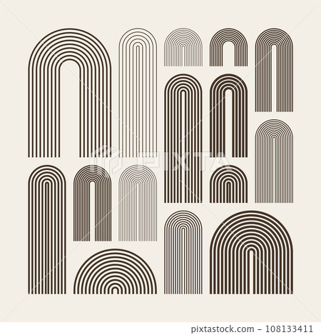 Mid century arch elements, modern geometric shapes. Contemporary design, minimalist art. Trendy design elements for wall decor, posters, books, covers and flyers. Vector illustration Mid century arch elements, modern geometric shapes. Contemporary design, minimalist art. Trendy design elements for wall decor, posters, books, covers and flyers. Vector illustration 108133411