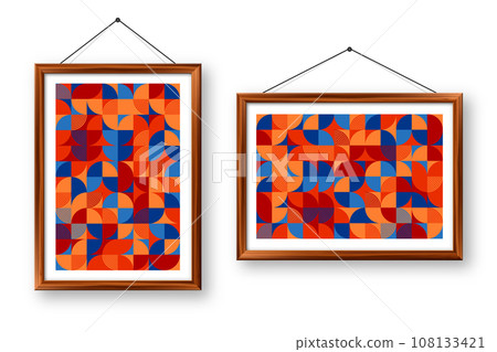 Picture frame with geometric trendy pattern, Bauhaus style. Modern background, simple elements. Retro texture, basic geometric shapes. Print design, minimalist poster cover. Vector illustration 108133421