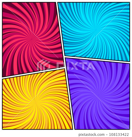 Colorful twisted comic book radial rays, lines. Comics background with motion, speed lines. Pop art style elements. Vector illustration 108133422
