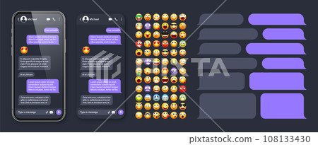 Smartphone messaging app, user interface with emoji. SMS text frame. Chat screen, violet message bubbles. Texting app for communication. Social media application. Dark mode. Vector illustration Smartphone messaging app, user interface with emoji. SMS text frame. Chat screen, violet message bubbles. Texting app for communication. Social media application. Dark mode. Vector illustration 108133430