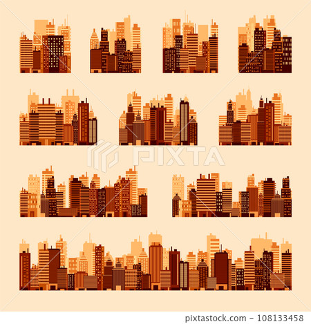 City silhouettes. Cityscape, town skyline, horizontal panorama. Midtown, downtown with various buildings, houses and skyscrapers. Vector illustration 108133458