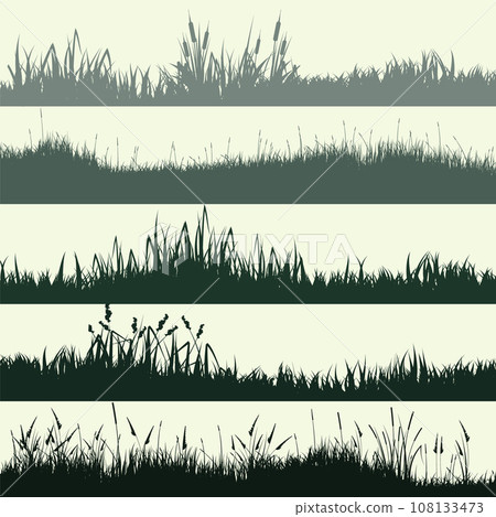 Meadow silhouettes with grass, plants on plain. Panoramic summer lawn landscape with herbs, various weeds. Herbal border, frame element. Green horizontal banners. Vector illustration Meadow silhouettes with grass, plants on plain. Panoramic summer lawn landscape with herbs, various weeds. Herbal border, frame element. Green horizontal banners. Vector illustration 108133473