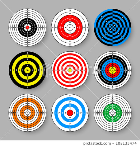 Shooting range paper targets. Round target with divisions, marks and numbers. Archery, gun shooting practise and training, sport competition and hunting. Bullseye and aim. Vector illustration Shooting range paper targets. Round target with divisions, marks and numbers. Archery, gun shooting practise and training, sport competition and hunting. Bullseye and aim. Vector illustration 108133474