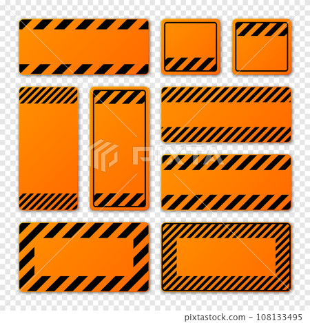 Various blank orange warning signs with diagonal lines. Attention, danger or caution sign, construction site signage. Realistic notice signboard, warning banner, road shield. Vector illustration Various blank orange warning signs with diagonal lines. Attention, danger or caution sign, construction site signage. Realistic notice signboard, warning banner, road shield. Vector illustration 108133495