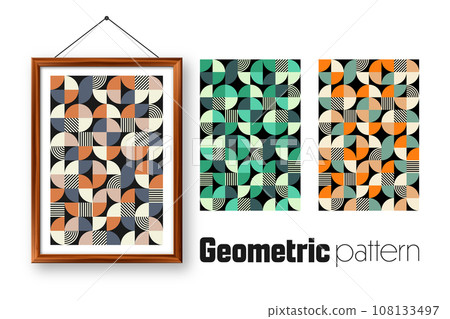 Picture frame with geometric trendy pattern, Bauhaus style. Modern background, simple elements. Retro texture, basic geometric shapes. Print design, minimalist poster cover. Vector illustration Picture frame with geometric trendy pattern, Bauhaus style. Modern background, simple elements. Retro texture, basic geometric shapes. Print design, minimalist poster cover. Vector illustration 108133497