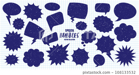 Hand drawn comic speech bubbles on checkered paper sheet. School notebook for drawing. Grunge retro cartoon stickers. Chatting, message box. Vector illustration Hand drawn comic speech bubbles on checkered paper sheet. School notebook for drawing. Grunge retro cartoon stickers. Chatting, message box. Vector illustration 108133532