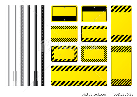 Warning, danger signs, attention banners with metal poles. Blank yellow caution sign, construction site signage. Notice signboard, warning banner, road shield. Vector illustration 108133533