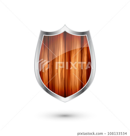 Wooden vintage shield icon. Black heraldic shield. Protection and security symbol, label. Vector illustration 108133534